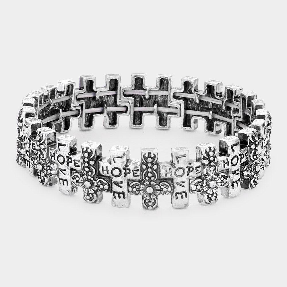 Silver LOVE HOPE Message Metal Cross Stretch Bracelet - Jewelry Store by Erik Rayo