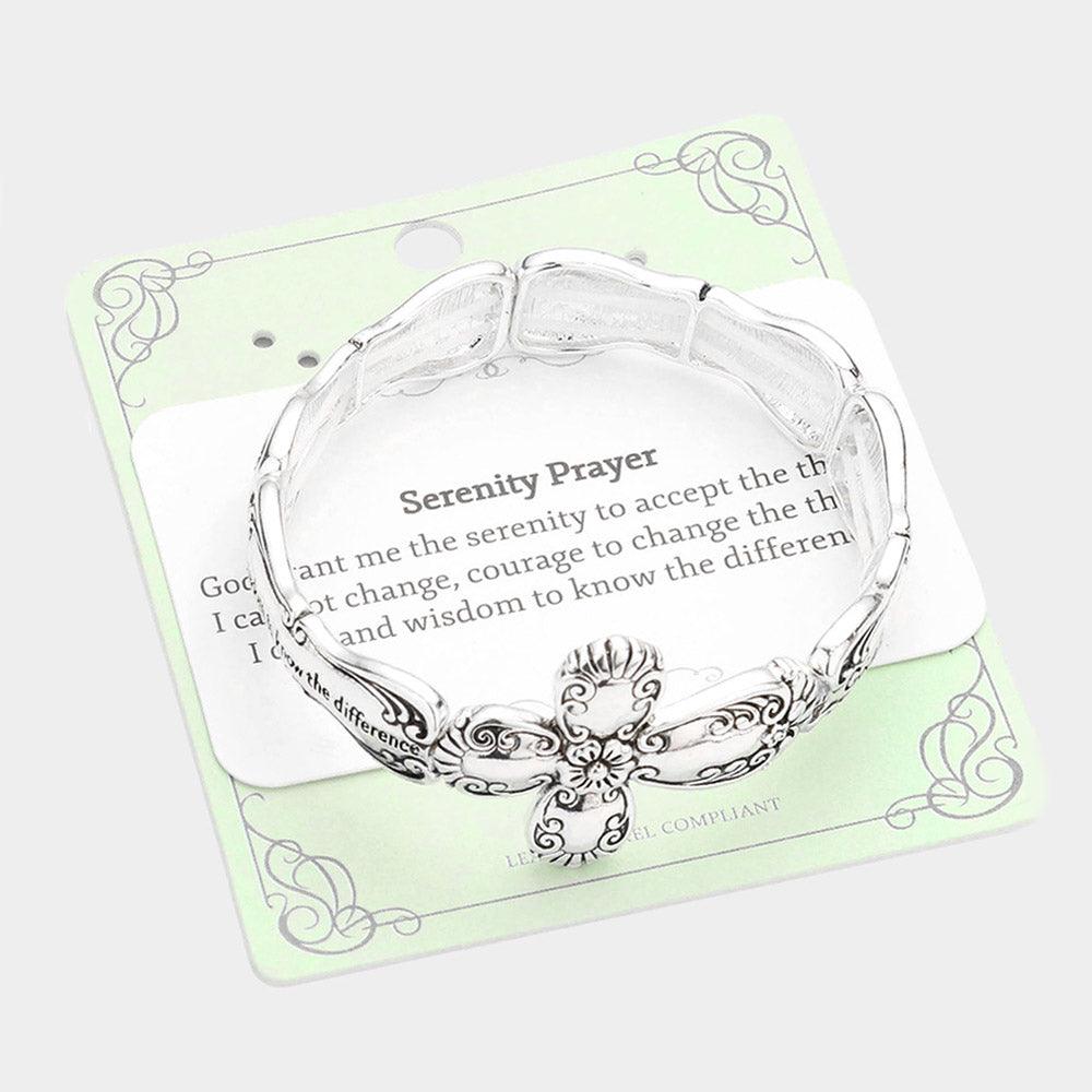 Silver Serenity Prayer Cross Accented Message Stretch Bracelet