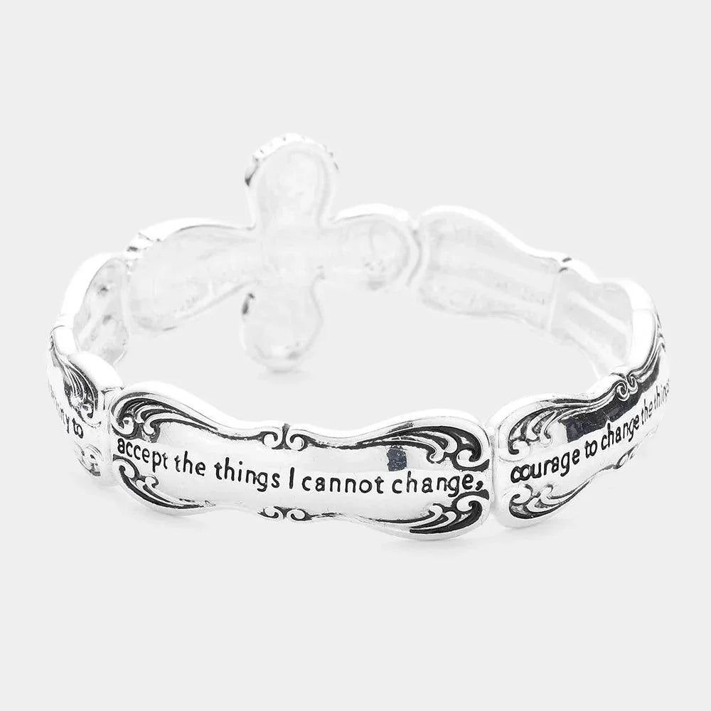 Silver Serenity Prayer Cross Accented Message Stretch Bracelet - Jewelry Store by Erik Rayo