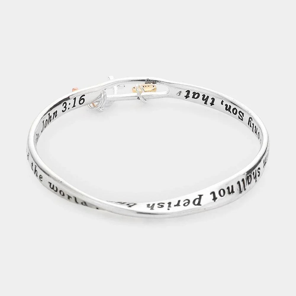 Three Tone John 3:16 Cross Ichthys Charm Message Bangle Bracelet - Jewelry Store by Erik Rayo
