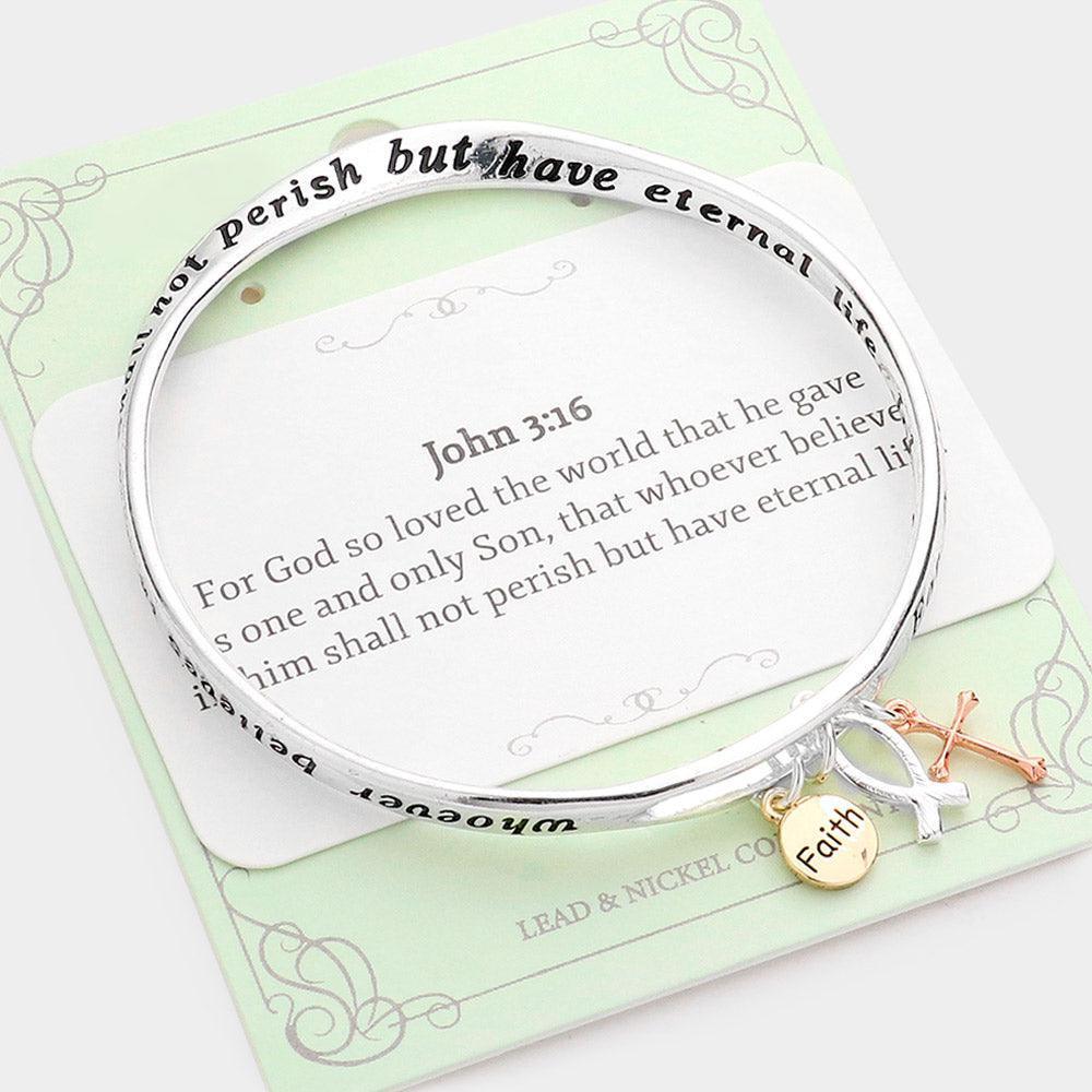 Three Tone John 3:16 Cross Ichthys Charm Message Bangle Bracelet - Jewelry Store by Erik Rayo