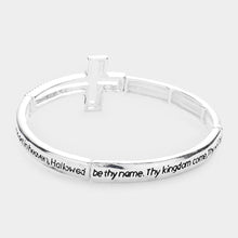 Load image into Gallery viewer, Silver Lord&#39;s Prayer Message Open Cross Metal Stretch Bracelet
