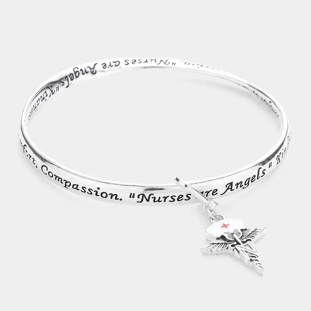 Silver Nurse RN Pin Charm Message Bangle Bracelet - Jewelry Store by Erik Rayo