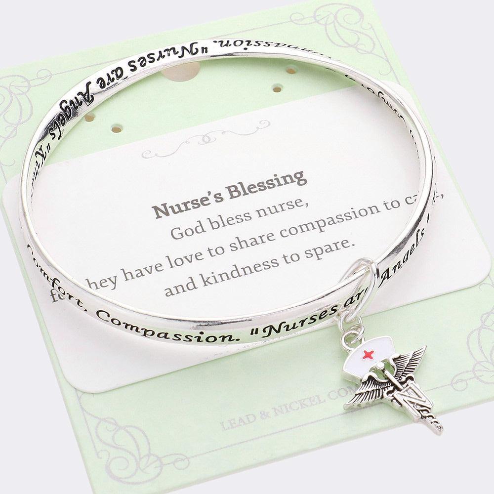 Silver Nurse RN Pin Charm Message Bangle Bracelet - Jewelry Store by Erik Rayo