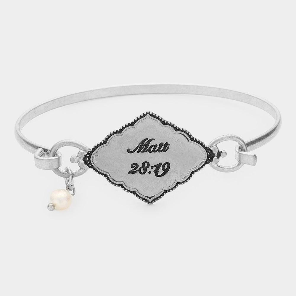 Silver Matt 28:19 Pearl Charm Hook Bracelet