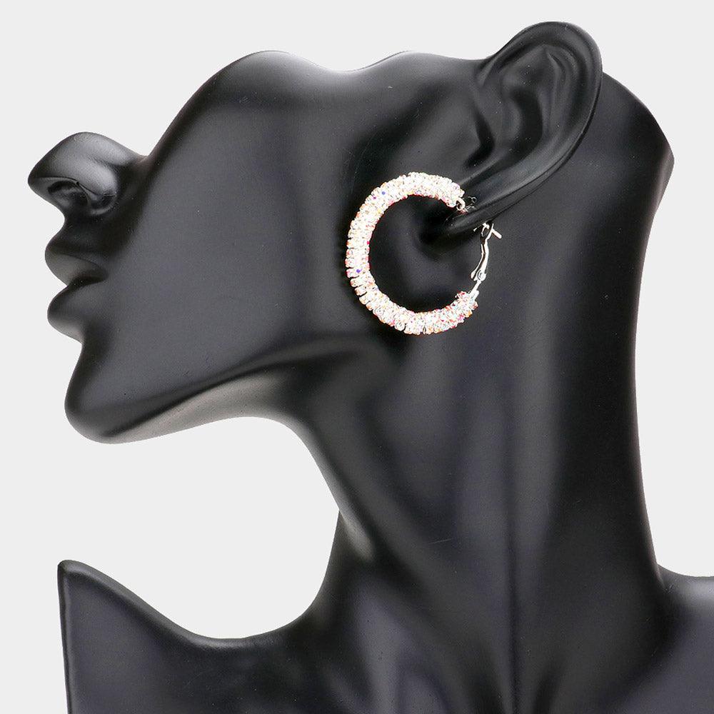 Silver 1.25 Inch Rhinestone Hoop Earrings