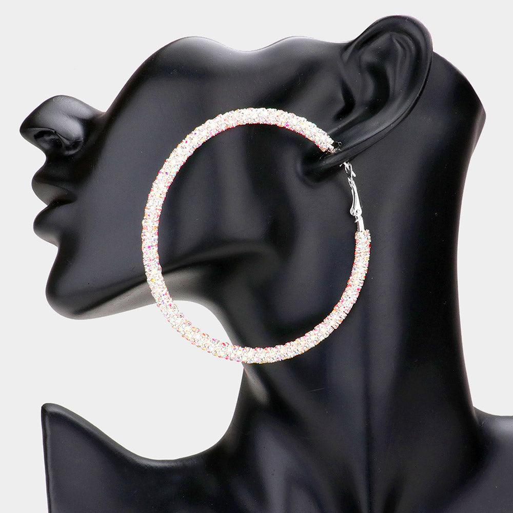 Silver 2.75 Inch Rhinestone Hoop Earrings