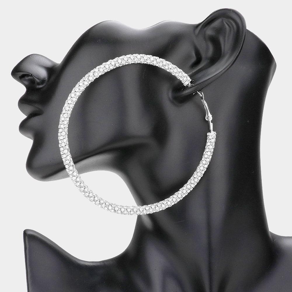 Silver 3.25 Inch Rhinestone Hoop Earrings - Jewelry Store by Erik Rayo