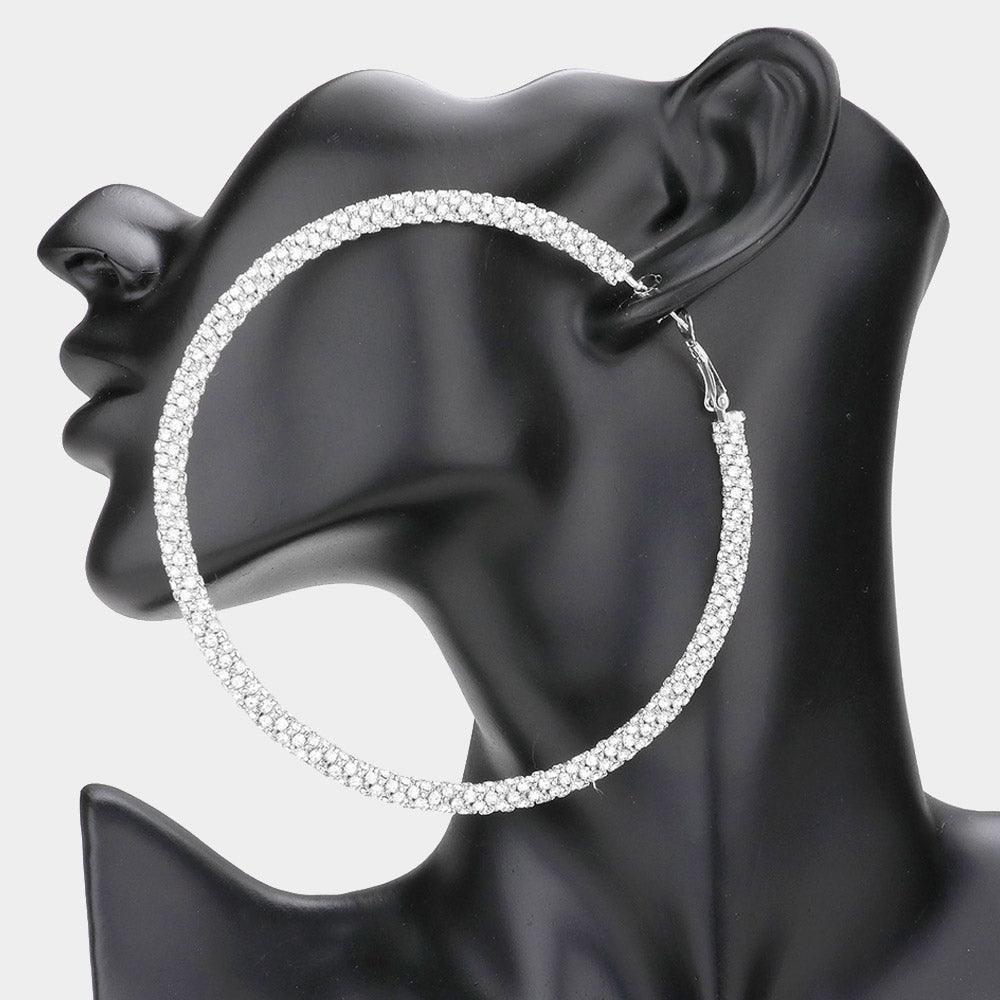 Silver 3.75 Inch Rhinestone Hoop Earrings - Jewelry Store by Erik Rayo