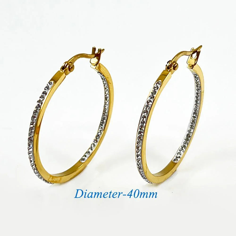 Gold 18K Gold Dipped Stainless Steel 1.7 Inch Inside Out Rhinestone Hoop Pin Catch Earrings - Jewelry Store by Erik Rayo