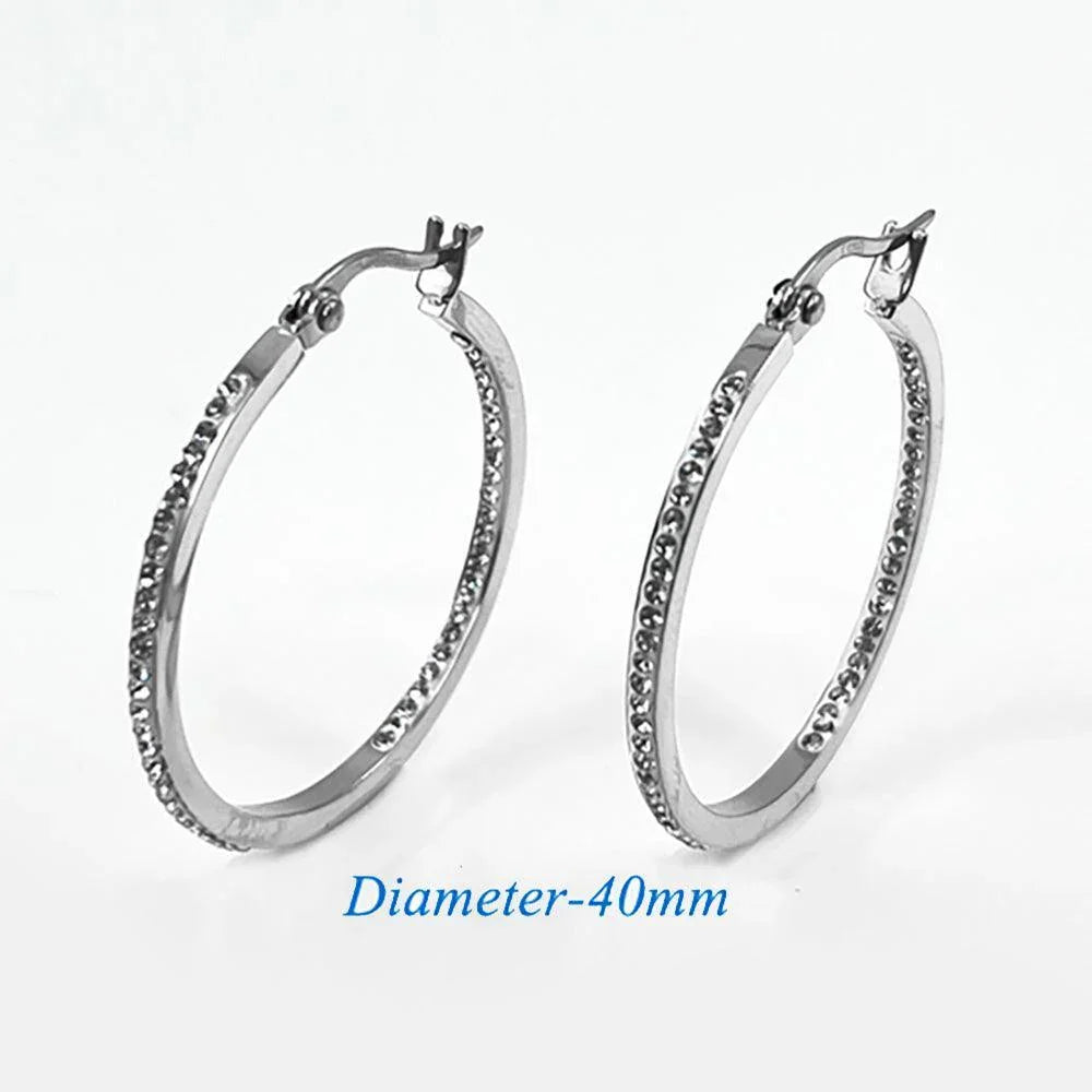 Stainless Steel 1.7 Inch Inside Out Rhinestone Hoop Pin Catch Earrings - Jewelry Store by Erik Rayo