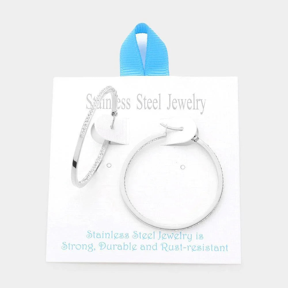 Stainless Steel 1.7 Inch Inside Out Rhinestone Hoop Pin Catch Earrings - Jewelry Store by Erik Rayo