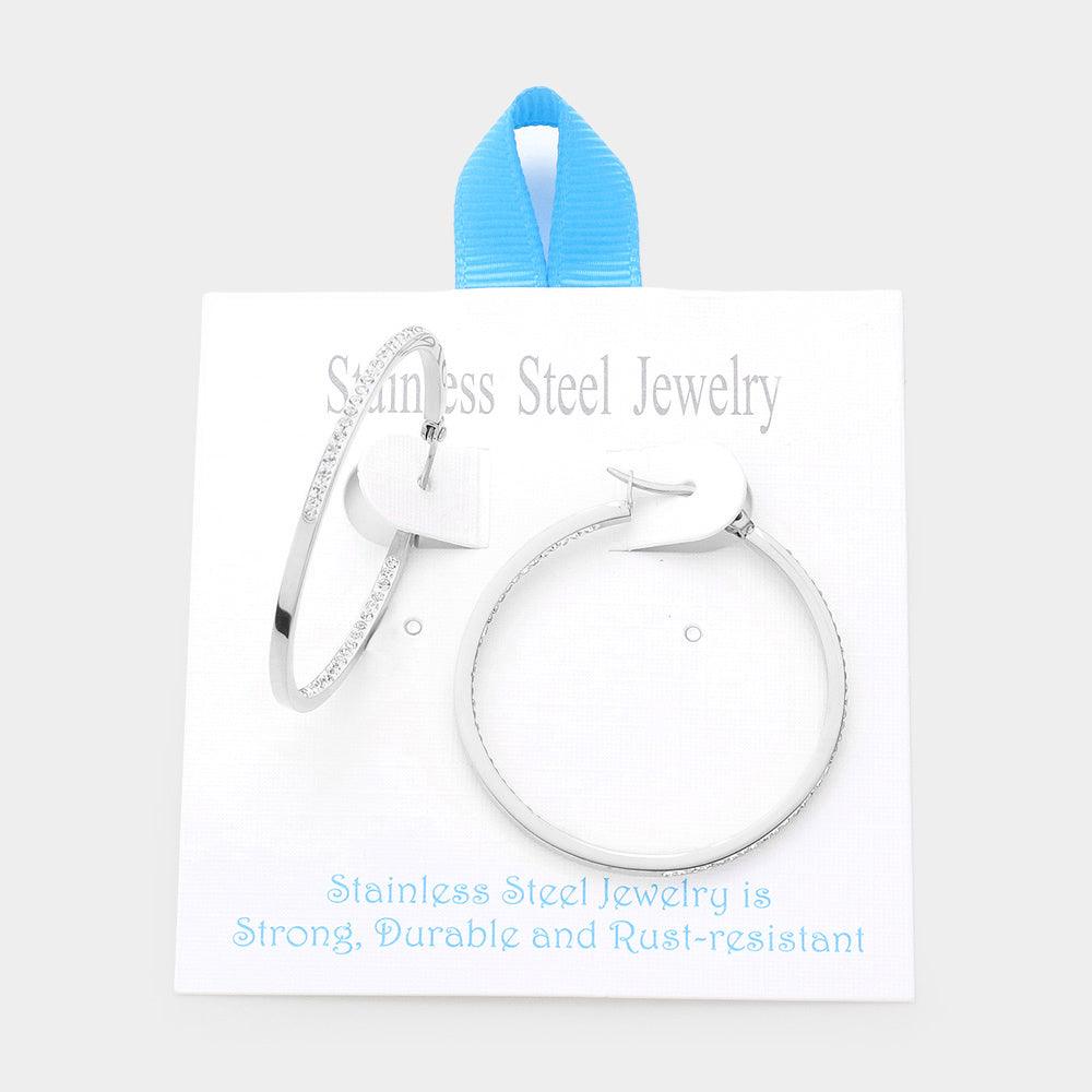 Stainless Steel 1.7 Inch Inside Out Rhinestone Hoop Pin Catch Earrings