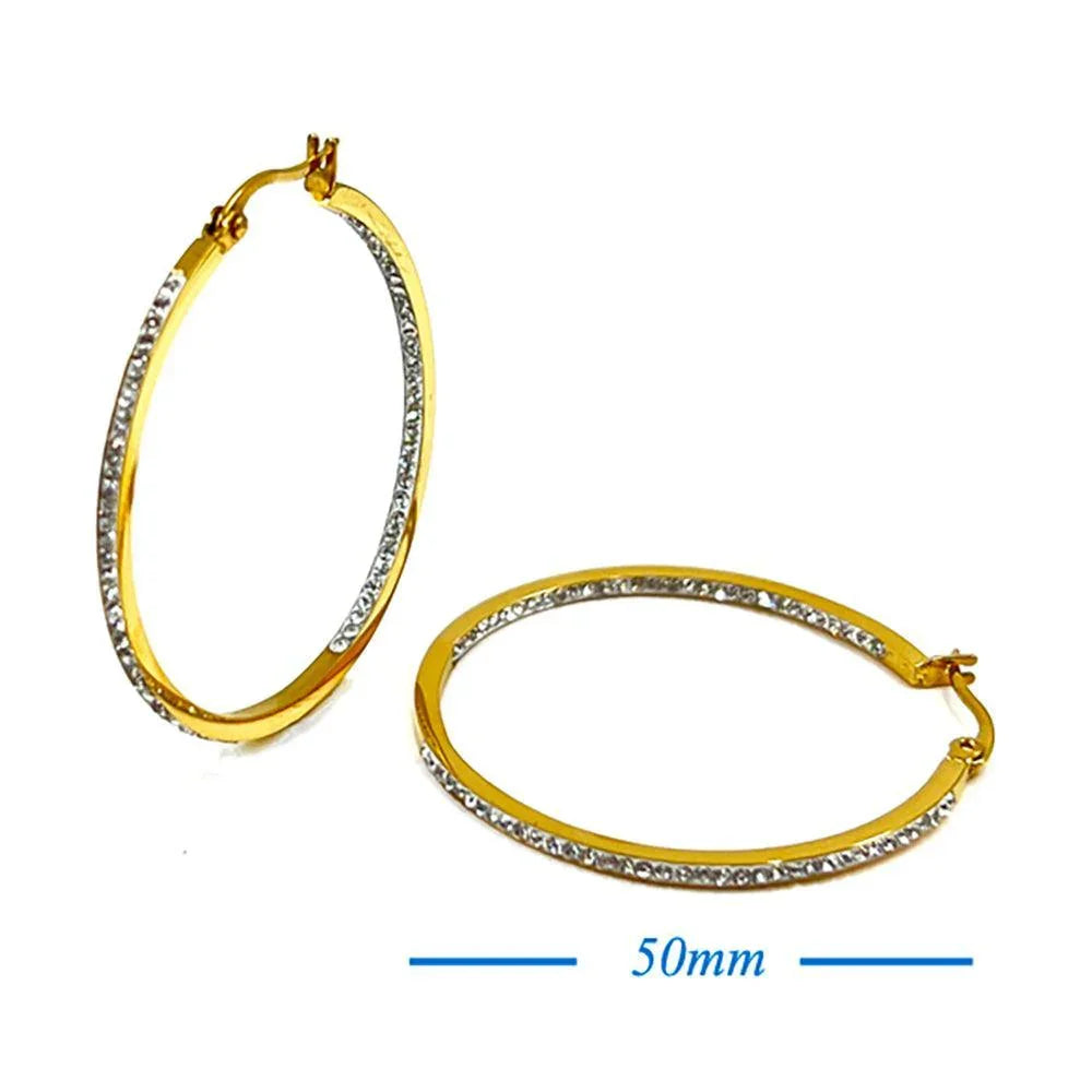 Gold 18K Gold Dipped Stainless Steel 2 Inch Inside Out Rhinestone Hoop Pin Catch Earrings - Jewelry Store by Erik Rayo