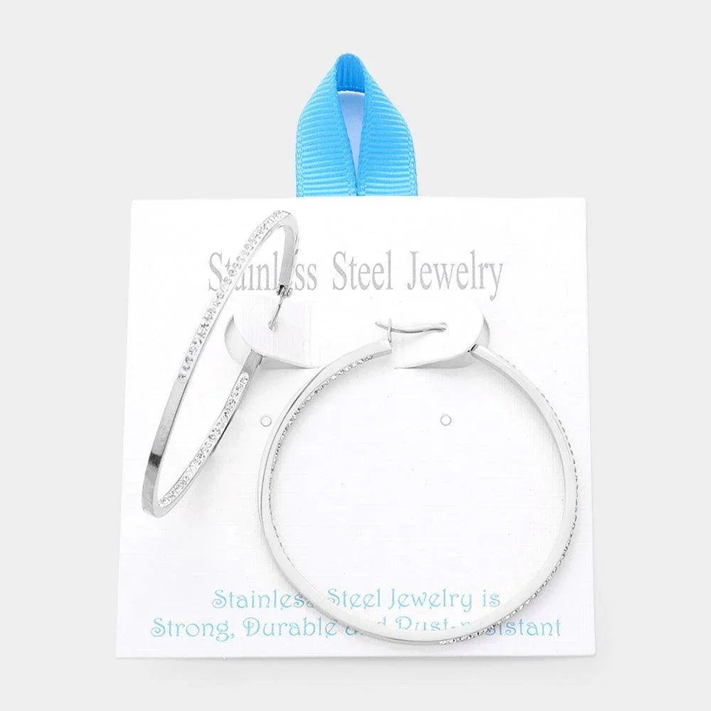 Stainless Steel 2 Inch Inside Out Rhinestone Hoop Pin Catch Earrings - Jewelry Store by Erik Rayo