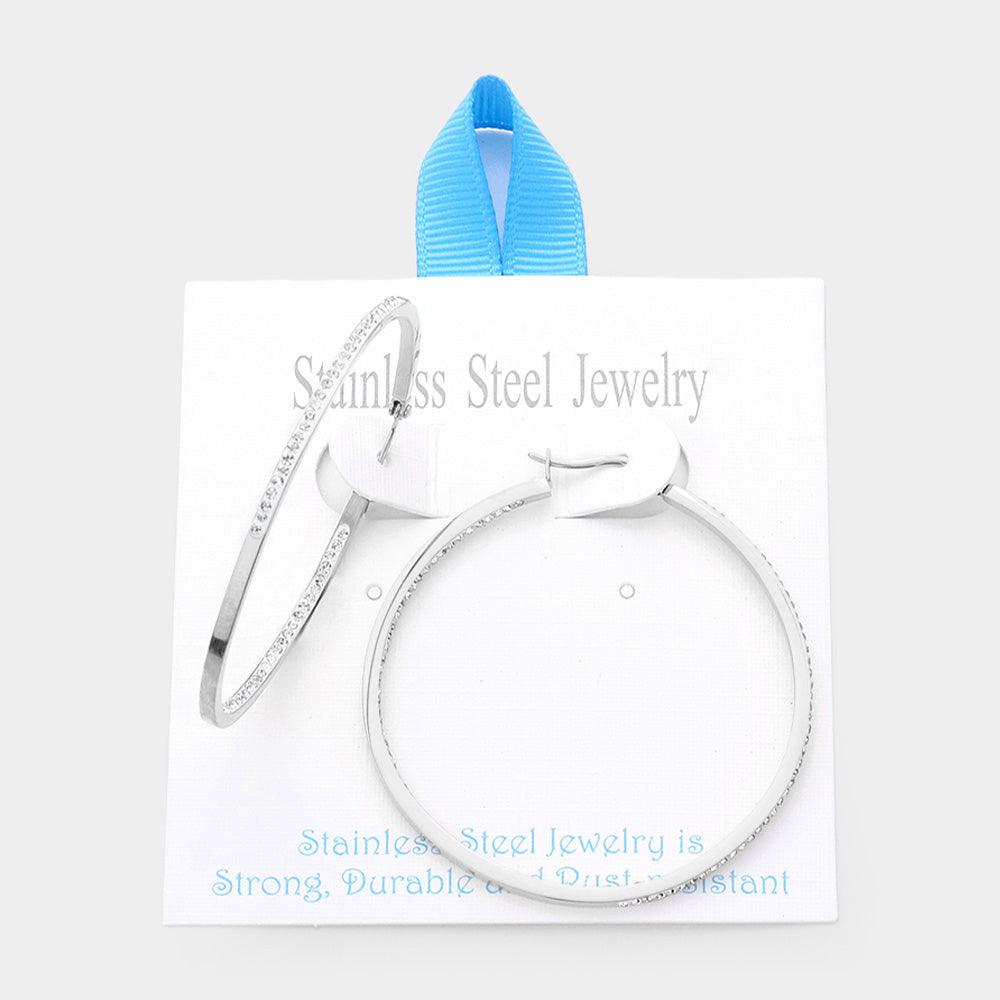 Stainless Steel 2 Inch Inside Out Rhinestone Hoop Pin Catch Earrings