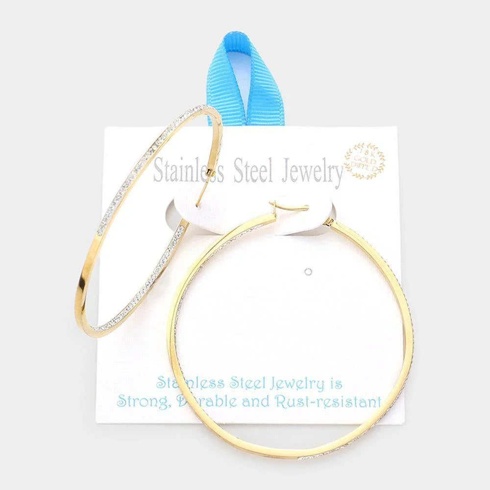 Gold 18K Gold Dipped Stainless Steel 2.5 Inch Inside Out Rhinestone Hoop Pin Catch Earrings - Jewelry Store by Erik Rayo