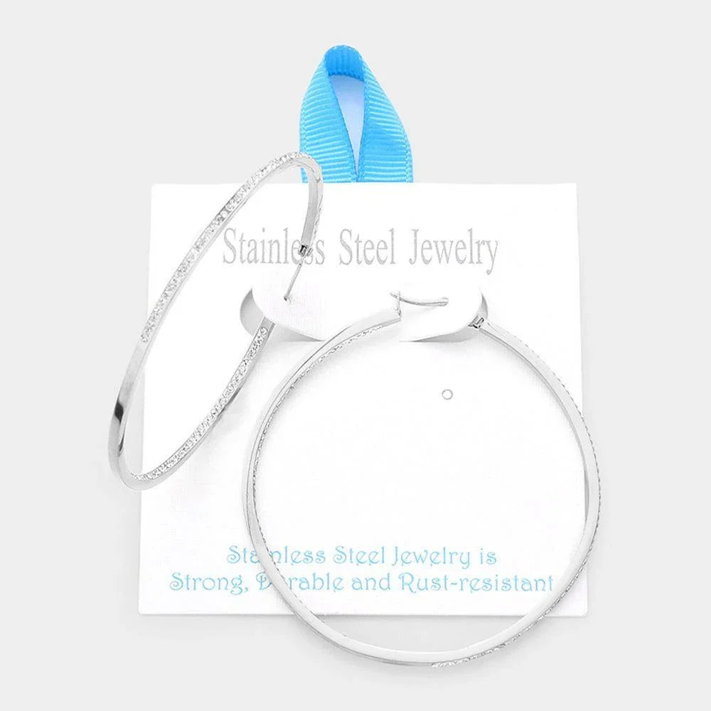 Stainless Steel 2.5 Inch Inside Out Rhinestone Hoop Pin Catch Earrings - Jewelry Store by Erik Rayo