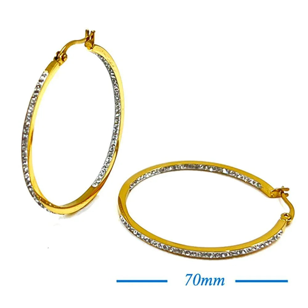 Gold 18K Gold Dipped Stainless Steel 2.75 Inch Inside Out Rhinestone Hoop Pin Catch Earrings - Jewelry Store by Erik Rayo