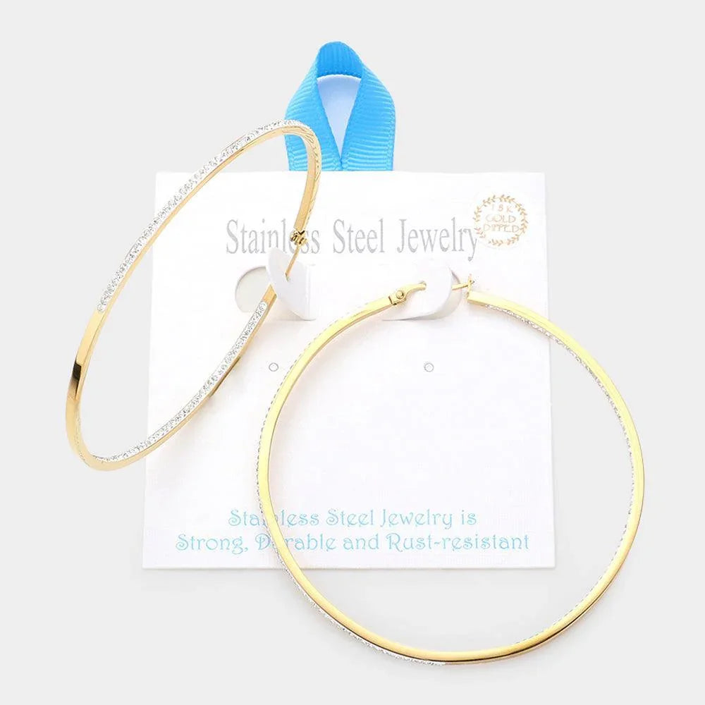 Gold 18K Gold Dipped Stainless Steel 2.75 Inch Inside Out Rhinestone Hoop Pin Catch Earrings - Jewelry Store by Erik Rayo