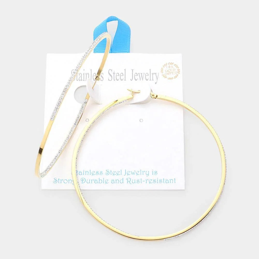 Gold 18K Gold Dipped Stainless Steel 3.2 Inch Inside Out Rhinestone Hoop Pin Catch Earrings - Jewelry Store by Erik Rayo