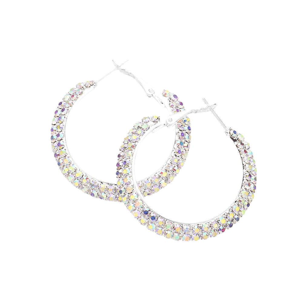 Silver Crystal Rhinestone 1.6 Inch Hoop Earrings