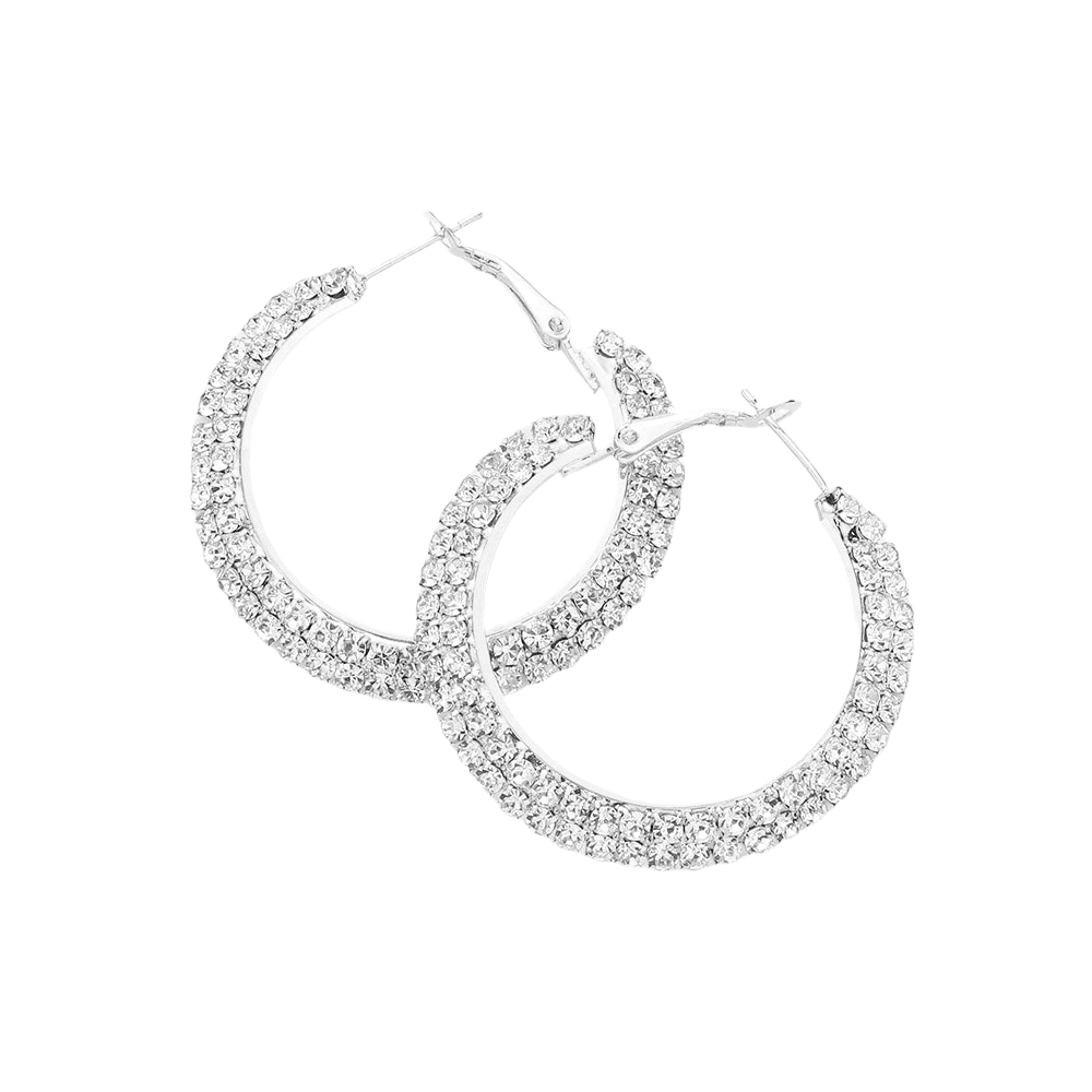 Silver Crystal Rhinestone 1.6 Inch Hoop Earrings