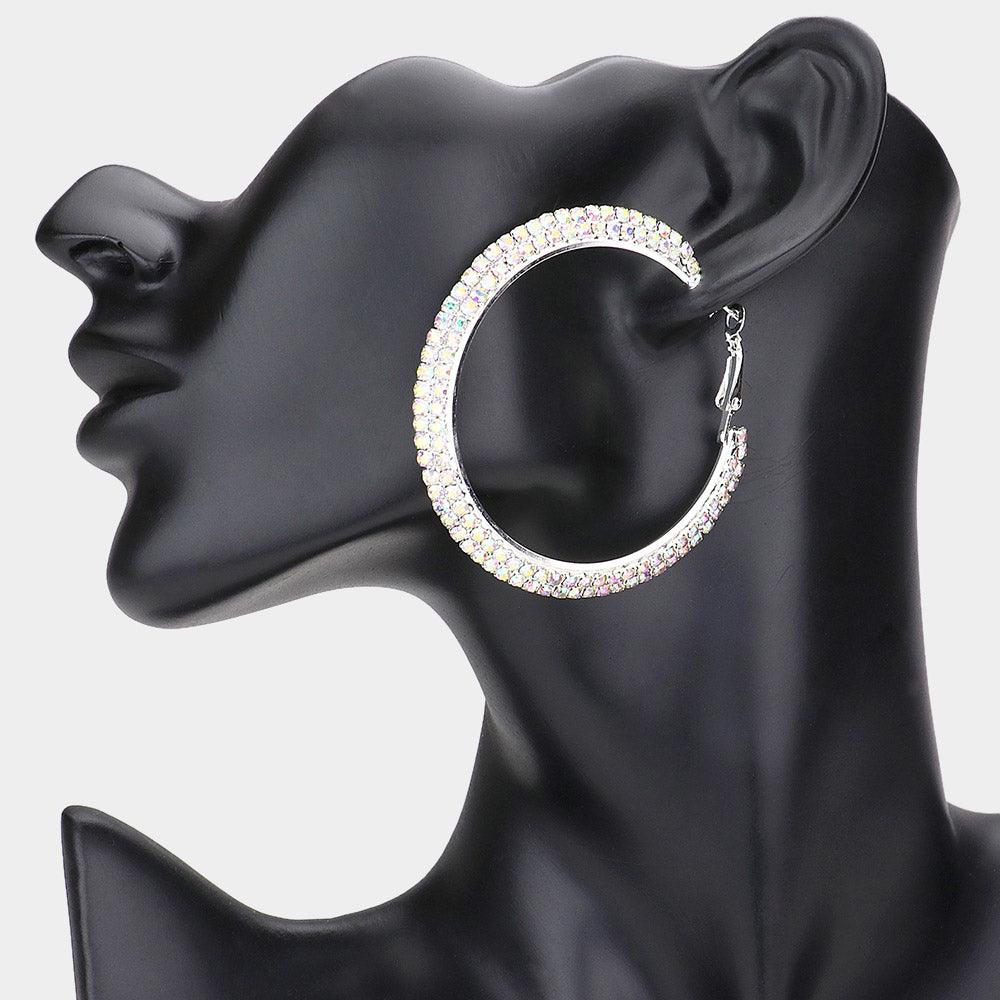 Silver 2 Row Crystal Rhinestone Hoop Earrings