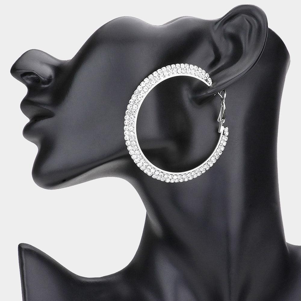 Silver 2 Row Crystal Rhinestone Hoop Earrings