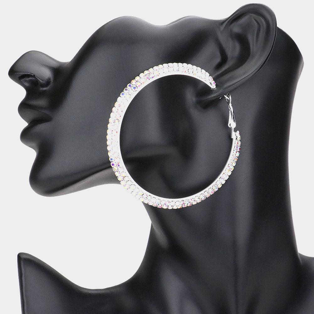 Silver 2-Row Crystal Rhinestone Hoop Earrings