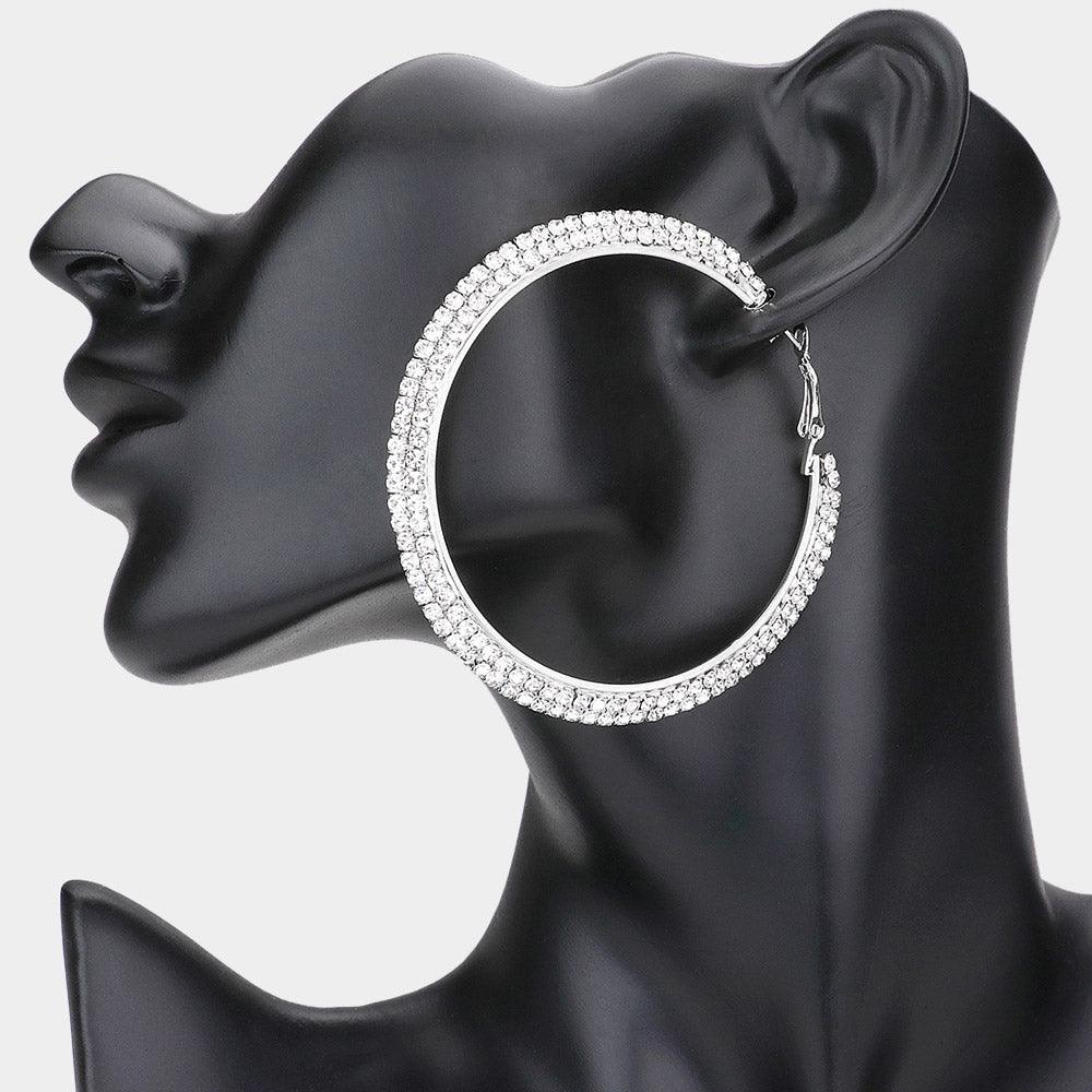 Silver 2-Row Crystal Rhinestone Hoop Earrings