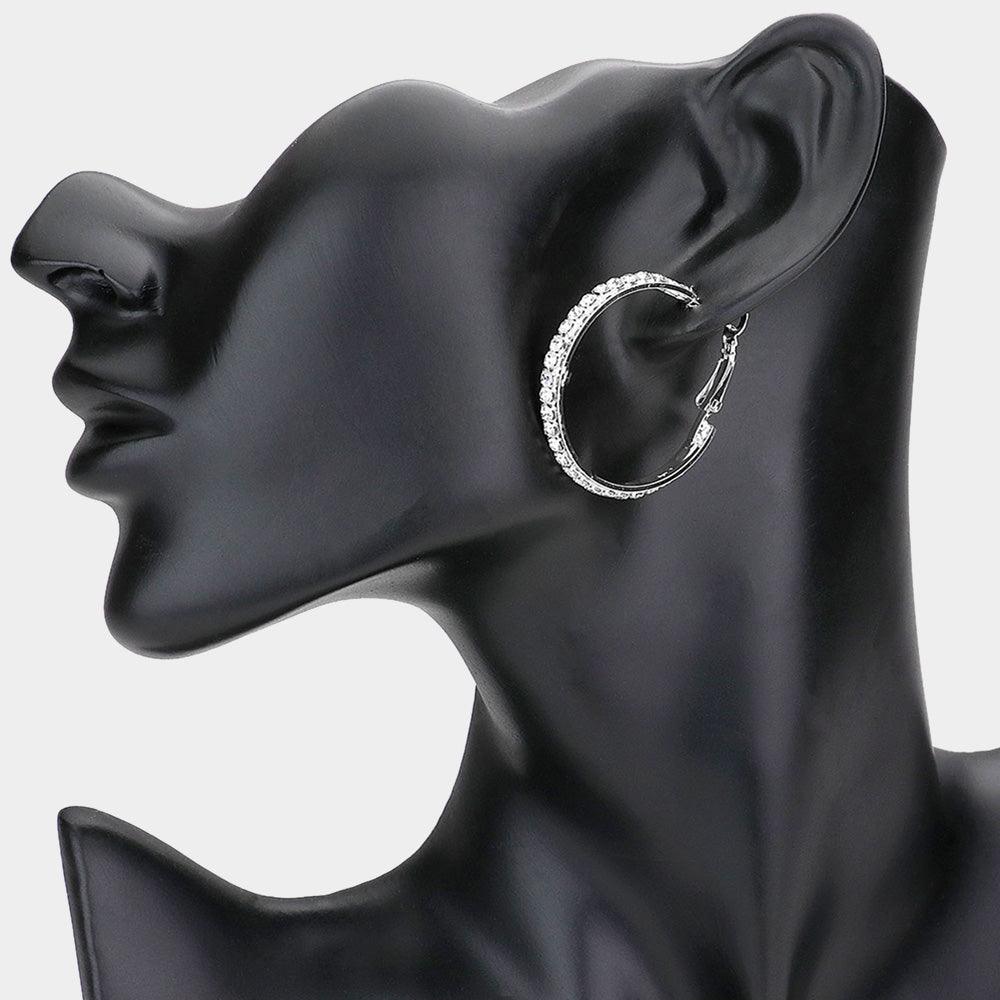 Silver Rhinestone Embellished Metal Hoop Earrings