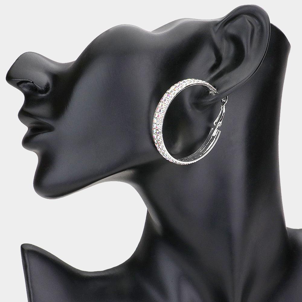 Silver Rhinestone Embellished Metal Hoop Earrings