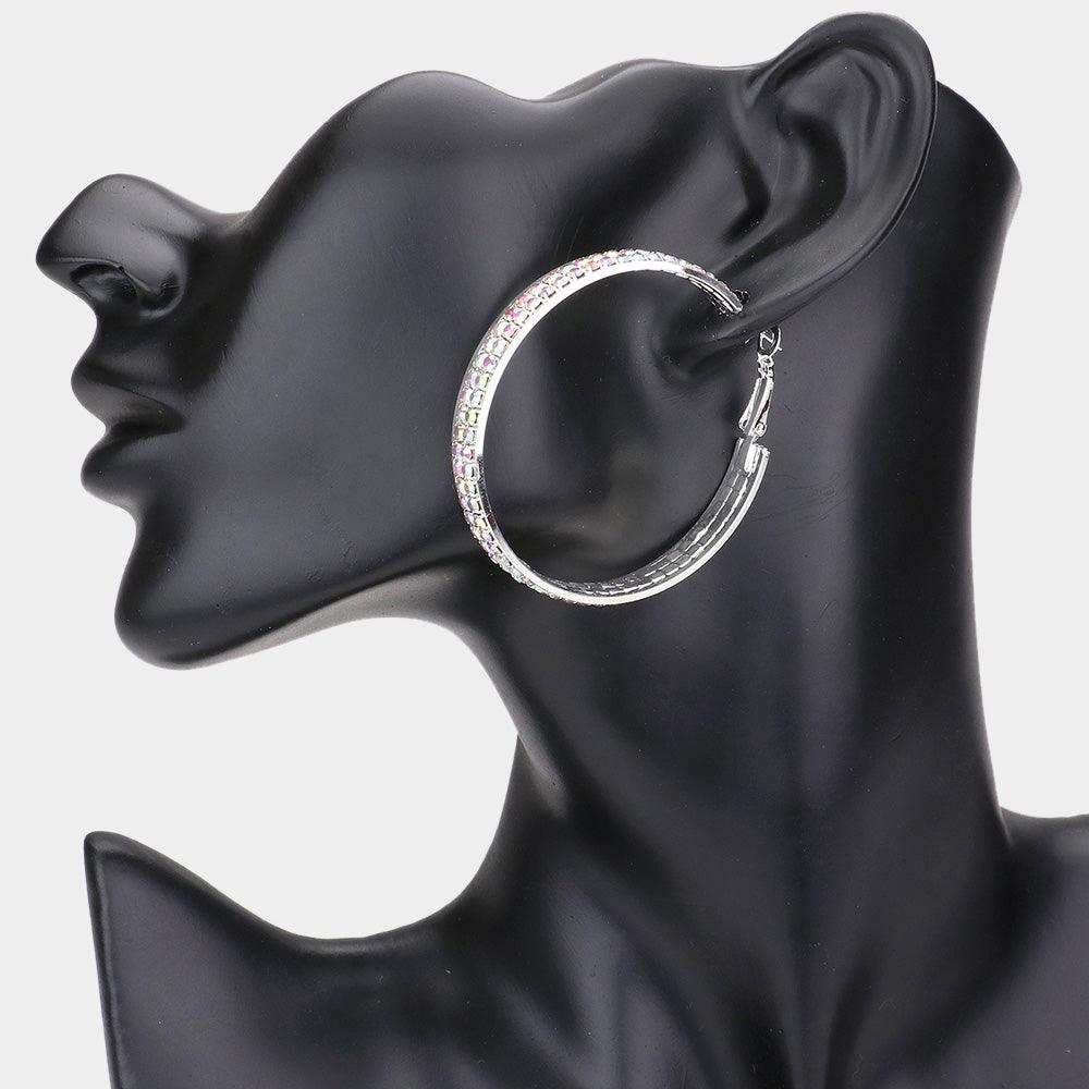 Silver Rhinestone Embellished Metal Hoop Earrings