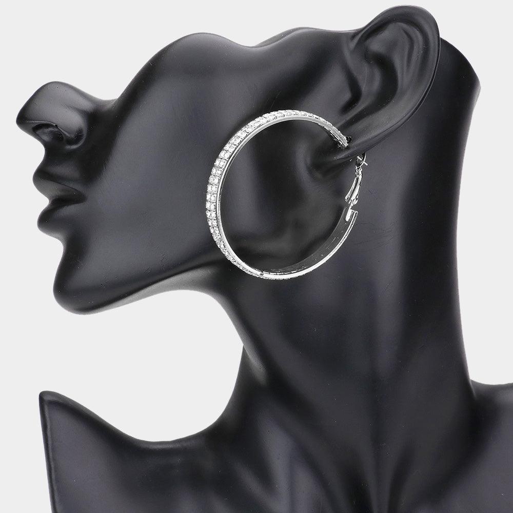 Silver Rhinestone Embellished Metal Hoop Earrings