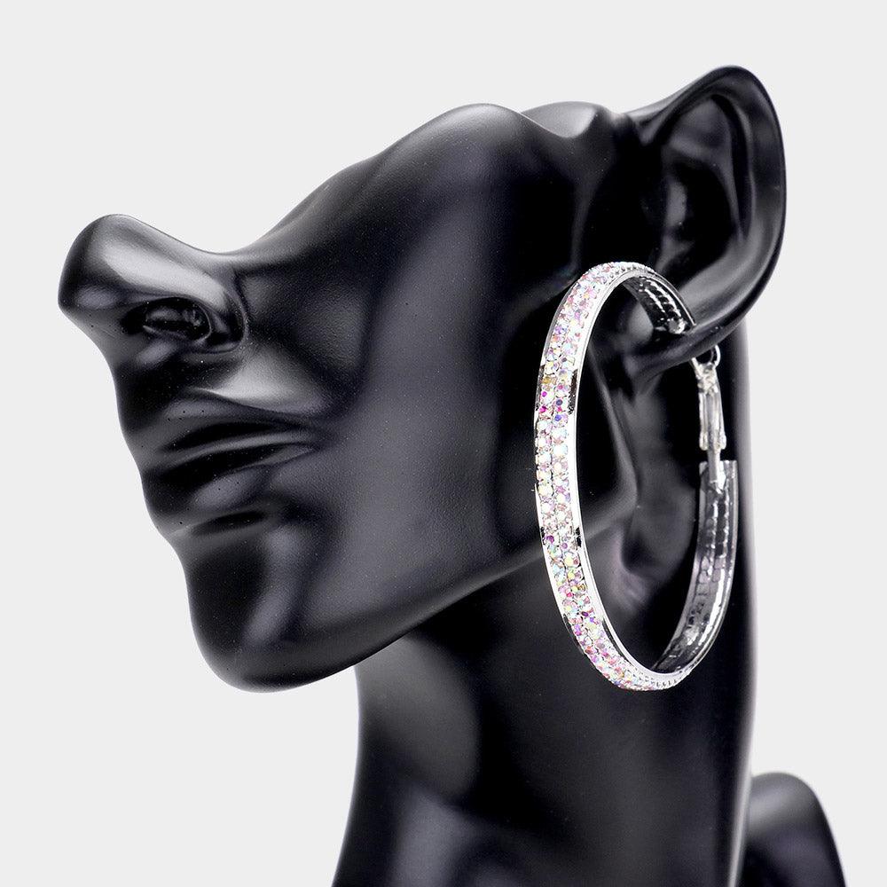 Silver Rhinestone Embellished Metal Hoop Earrings