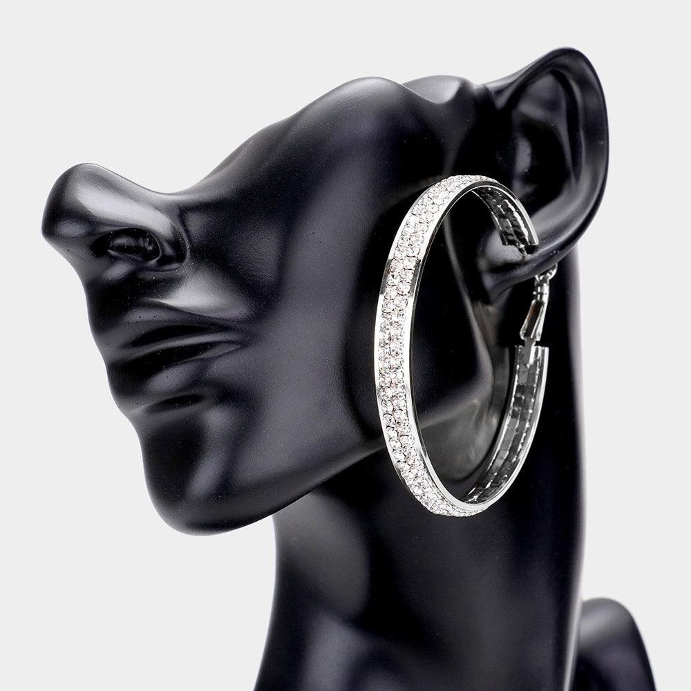 Silver Rhinestone Embellished Metal Hoop Earrings