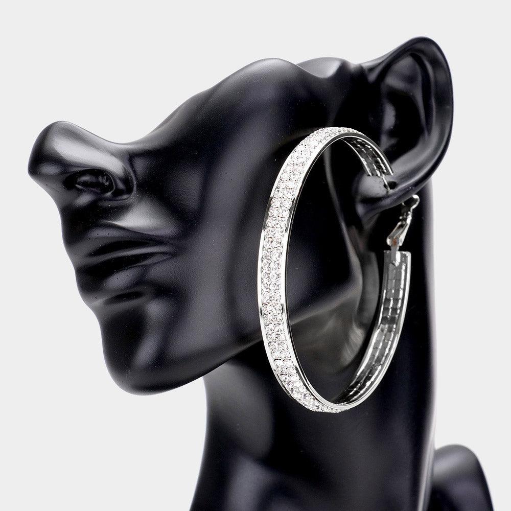 Silver Rhinestone Embellished Metal Hoop Earrings