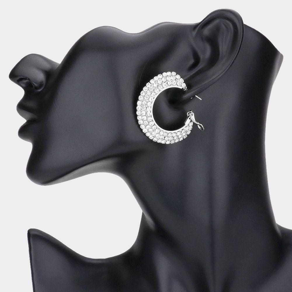 Silver Crystal Rhinestone 1.5 Inch Hoop Earrings