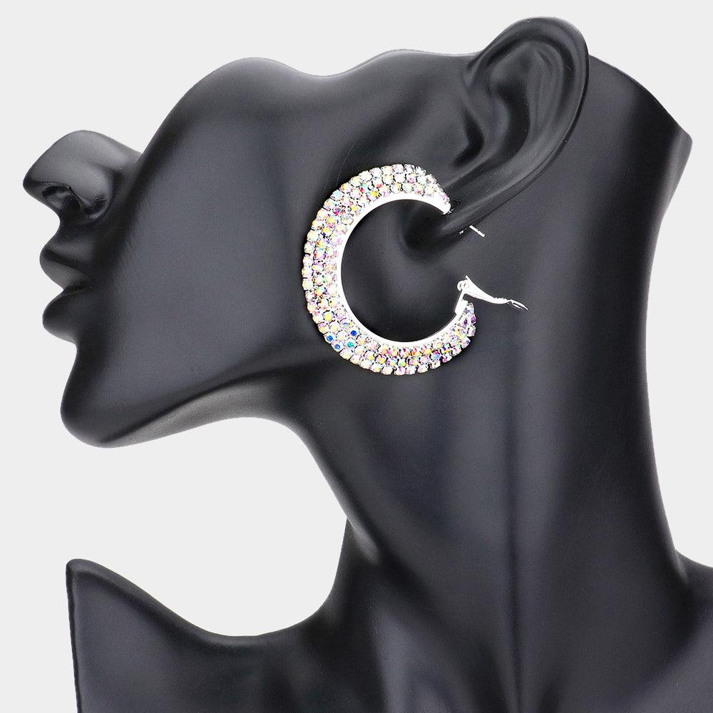 Silver Crystal Rhinestone 1.75 Inch Hoop Earrings