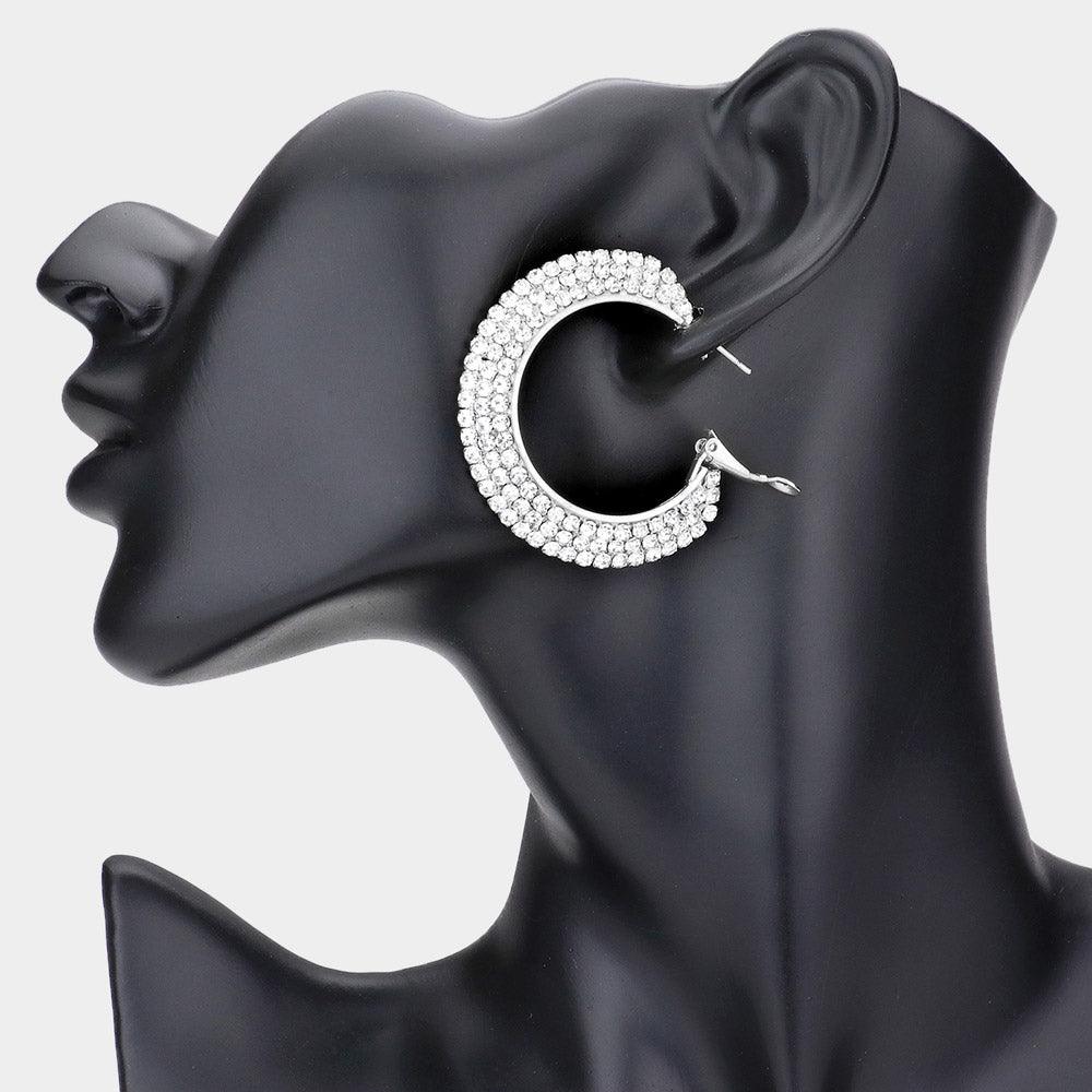 Silver Crystal Rhinestone 1.75 Inch Hoop Earrings