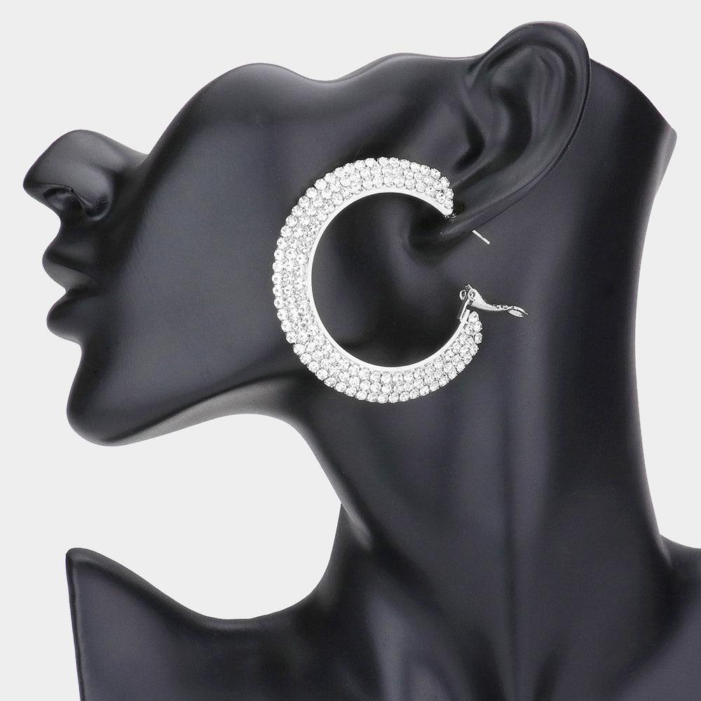 Silver Crystal Rhinestone 2.2 Inch Hoop Earrings