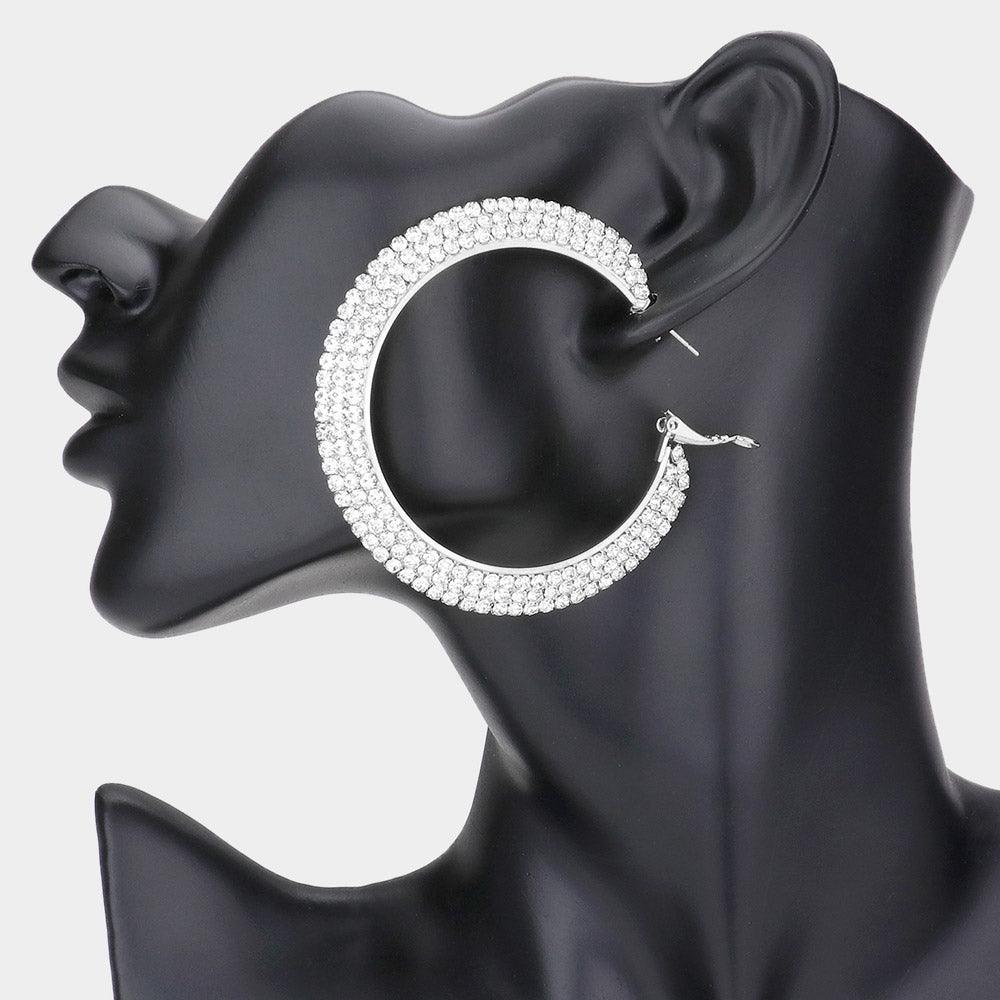 Silver Crystal Rhinestone 2.5 Inch Hoop Earrings