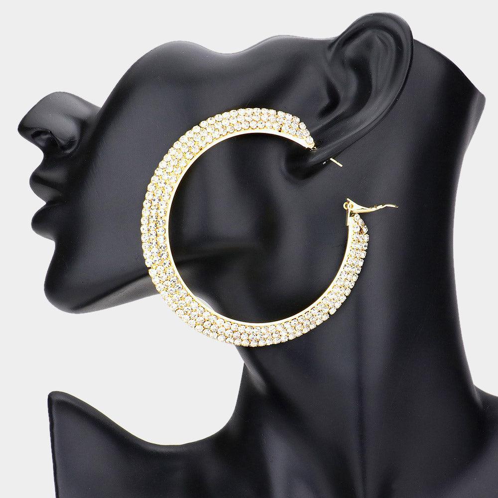 Gold Crystal Rhinestone 2.8 Inch Hoop Earrings - Jewelry Store by Erik Rayo
