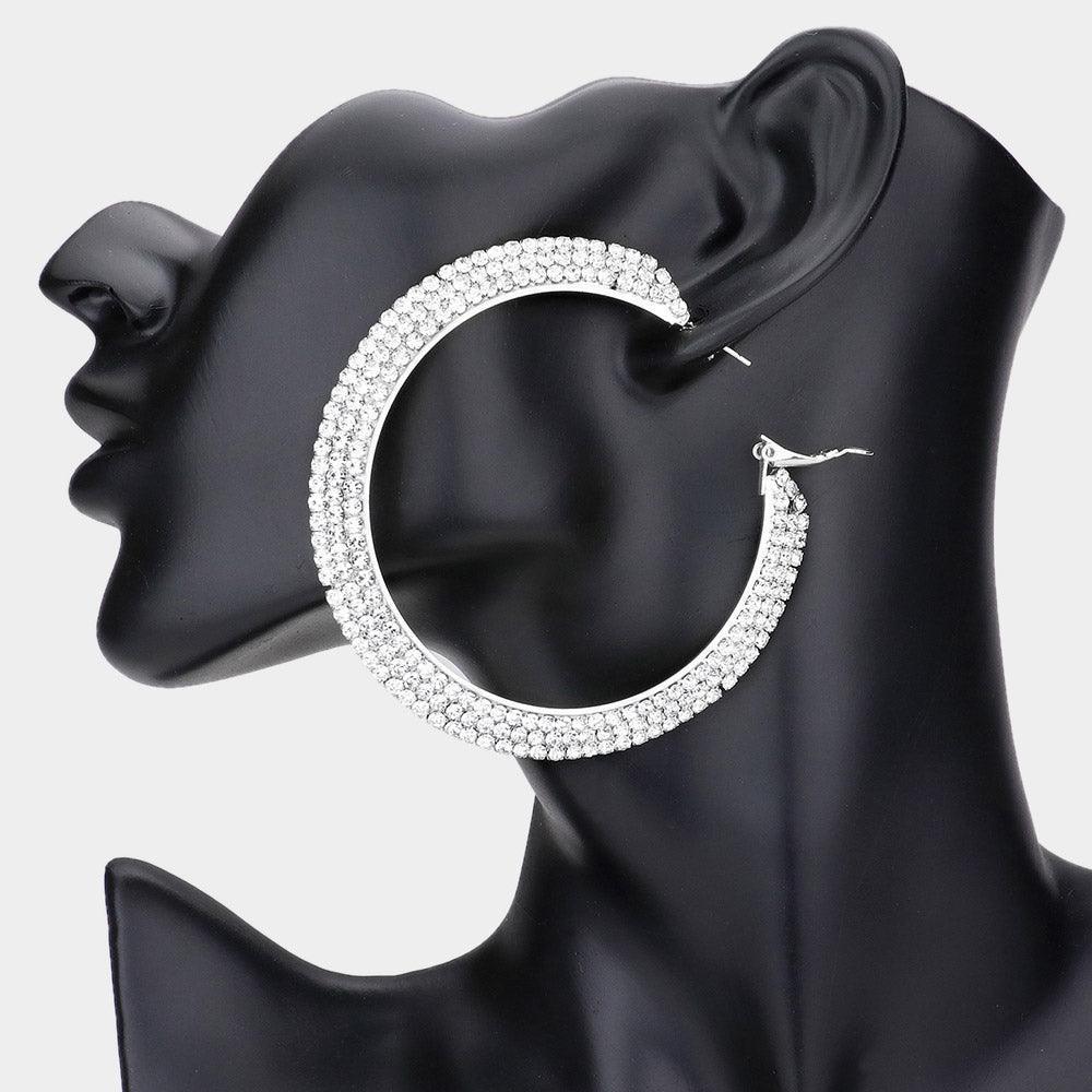 Silver Crystal Rhinestone 2.8 Inch Hoop Earrings - Jewelry Store by Erik Rayo