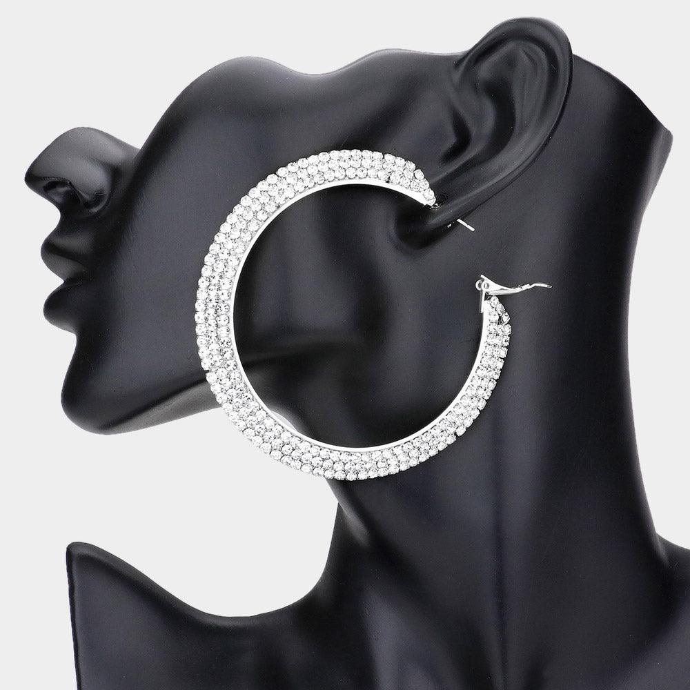 Silver Crystal Rhinestone 2.8 Inch Hoop Earrings