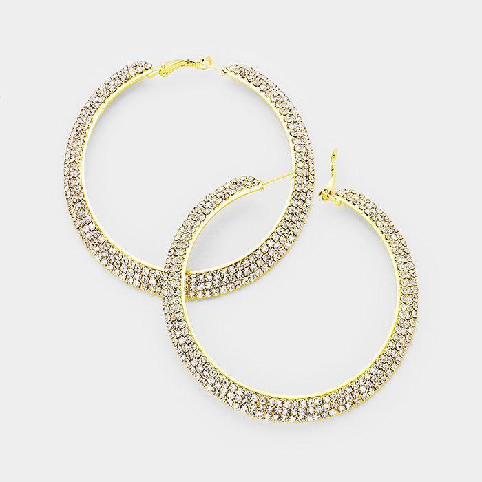 Gold Crystal Rhinestone 3.25 Inch Hoop Earrings - Jewelry Store by Erik Rayo