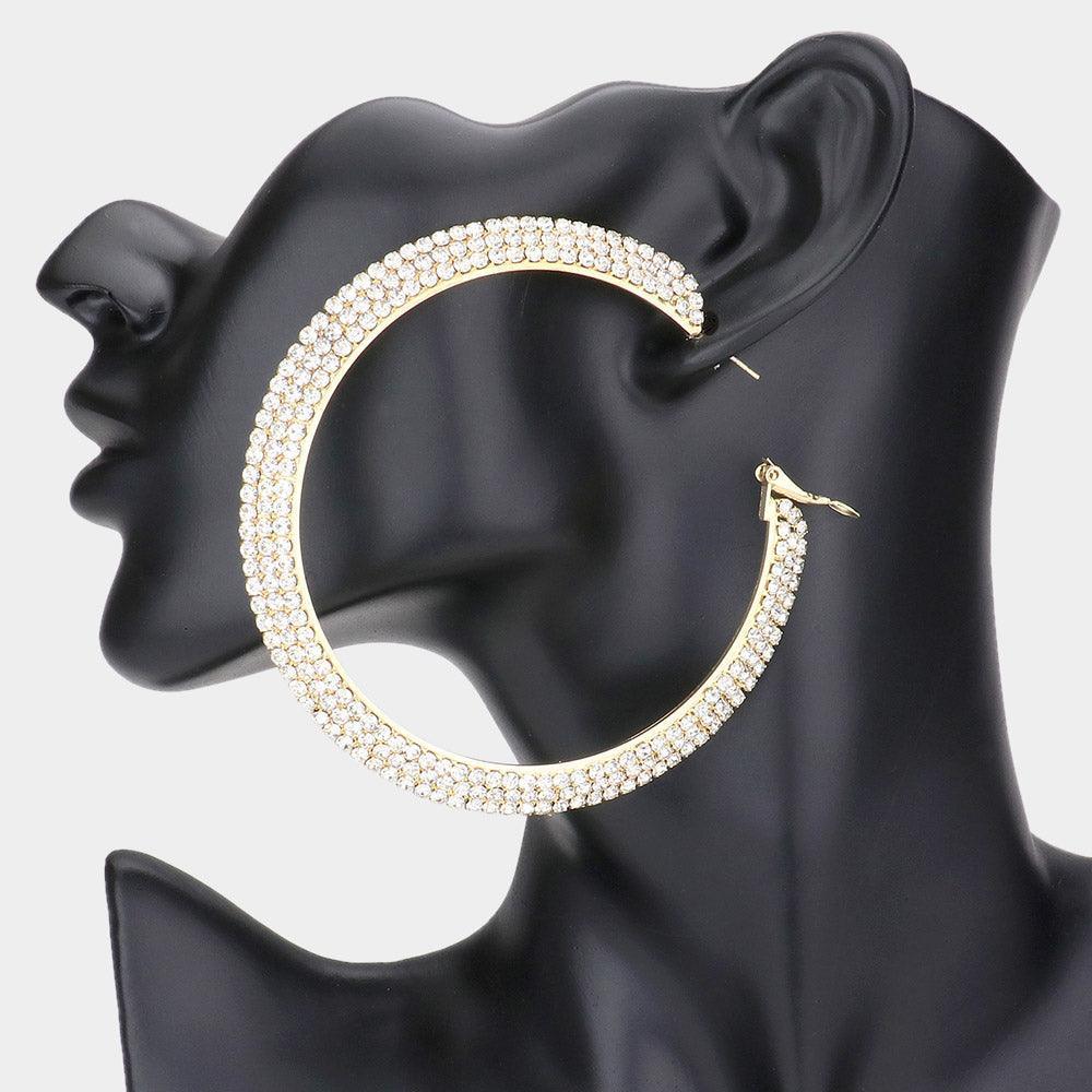 Gold Crystal Rhinestone 3.25 Inch Hoop Earrings - Jewelry Store by Erik Rayo
