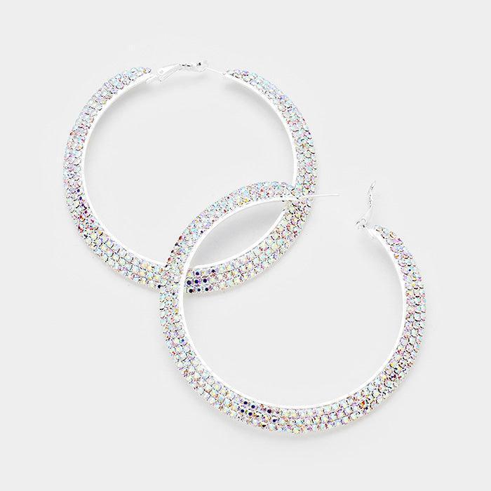 Silver Crystal Rhinestone 3.25 Inch Hoop Earrings - Jewelry Store by Erik Rayo