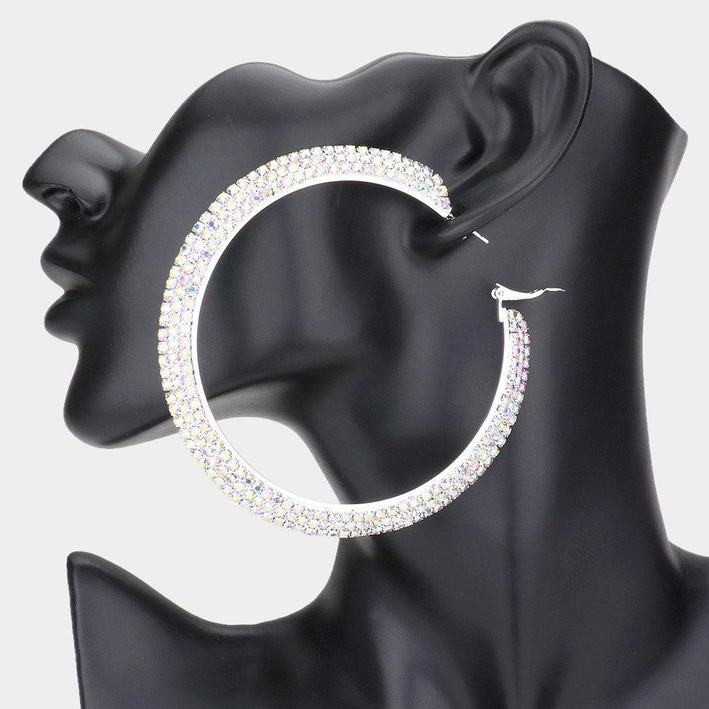 Silver Crystal Rhinestone 3.25 Inch Hoop Earrings - Jewelry Store by Erik Rayo